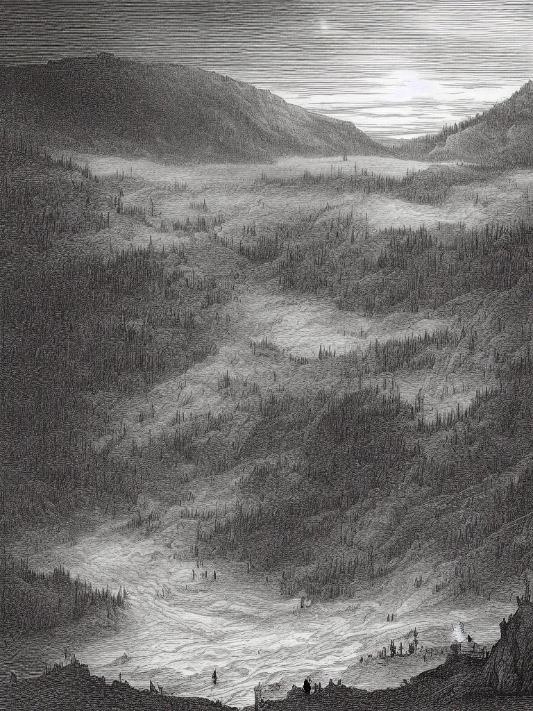 Image similar to an engraving of yellowstone national park by gustave dore and albrecht durer highly detailed, fog, depth, lithograph engraving