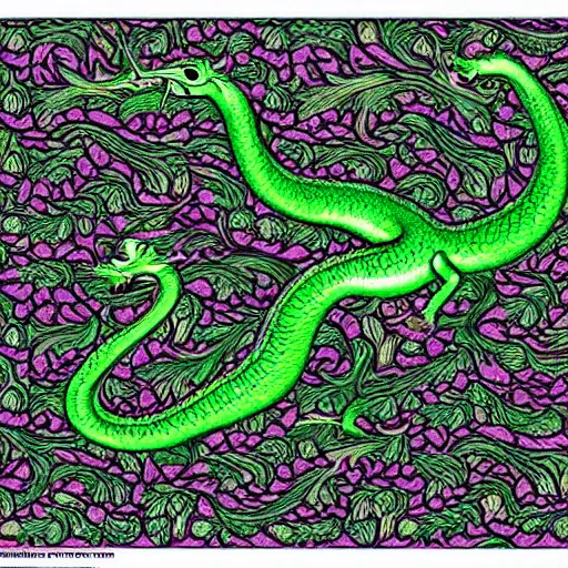 Image similar to green dragon surrounded by rose pattern, by mc escher, intricate, elegant