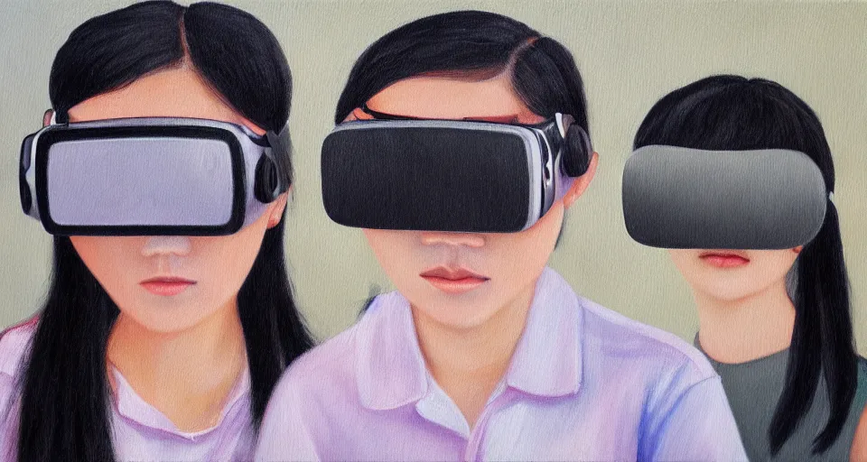 Image similar to a gen z teenage asian girl wearing vr googles, aged desaturated oil painting by mai trung thu