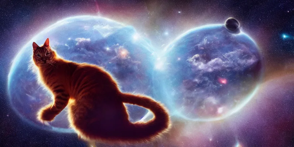 Image similar to a giant cat meowing at the earth planet, scifi, artstation, cosmos exploration, realistic photo, 4 k, photo by nasa, hubble telescope