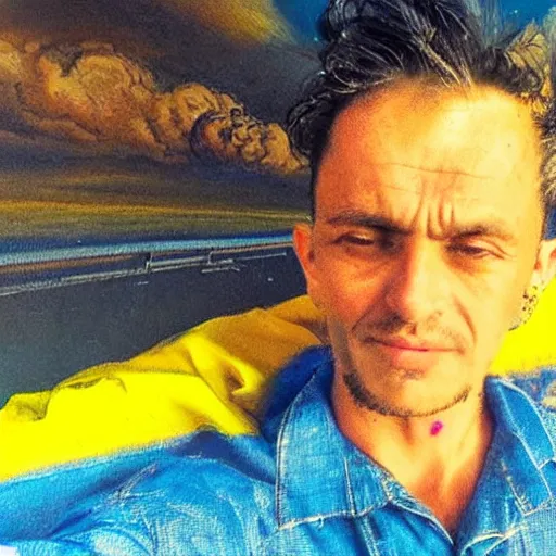 Image similar to a selfie of a ukrainian in yellow - blue rags against the backdrop of a nuclear explosion shoots himself in the head with a pistol in order to die a less painful death