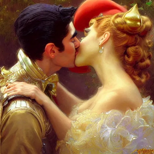 Image similar to a portrait of a super mario kissing princess peach. highly detailed painting by gaston bussiere, craig mullins, j. c. leyendecker, furry