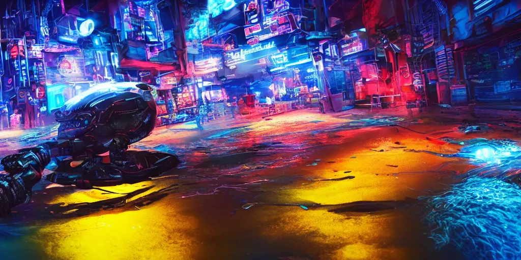 Prompt: Cybernetic fish jumping out of a river of fluorescent blue battery acid in a cyberpunk city, ultra-realistic, dramatic lighting, HDR, 8K resolution