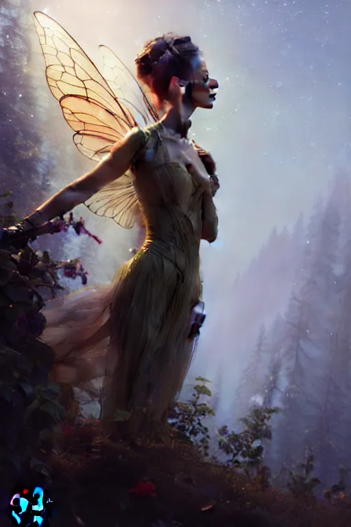 Image similar to cinematic shot of an epic portrait of a fairy dressed in military clothes, shiny skin, beautiful eyes, beautiful, small details, night setting, realistic poster with volumetric light from craig mallism, artgerm, jeremy lipkin and michael garmash, unreal engine, radiant light, detailed and complex environment, digital art, trends at art station, a masterpiece