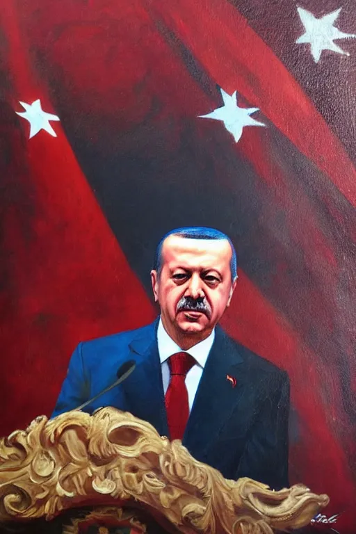 Prompt: oil portrait of recep tayyip erdogan during a speech, epic, cinematic, elegant, highly detailed, featured on artstation