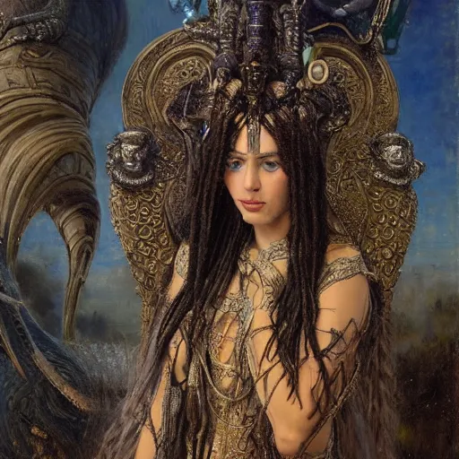 Image similar to intricate detail, hyper detail, by gaston bussiere, bayard wu, greg rutkowski, h. r. giger, greg rutkowski, sandro botticelli, lady of elche, techno mystic goddess princess intergalactica, goddess inanna, ashteroth, with aqua rapunzel dreadlocks, mami wata, detailed, masterpiece, sharp focus,