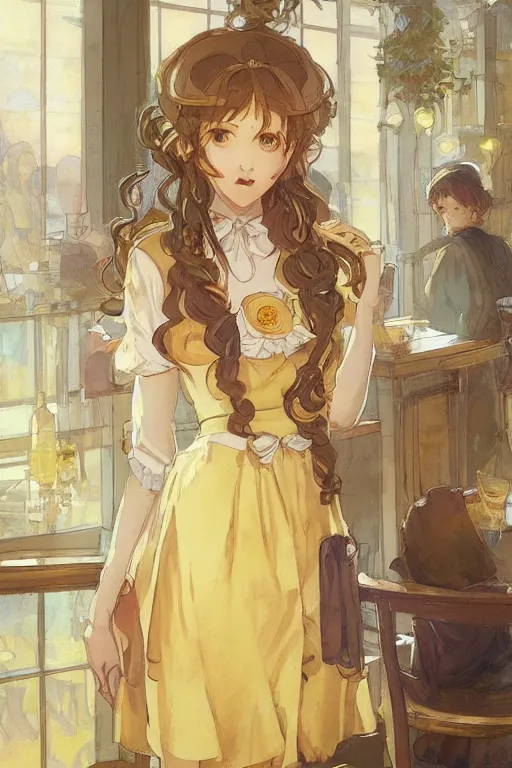 Image similar to A girl in a maid's outfit in a cafe a afternoon, wavy hair yellow theme,S line,45 angel by krenz cushart and mucha and anmi and greg rutkowski