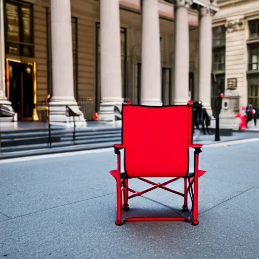 Prompt: a red camping chair in the middle fifth avenue.