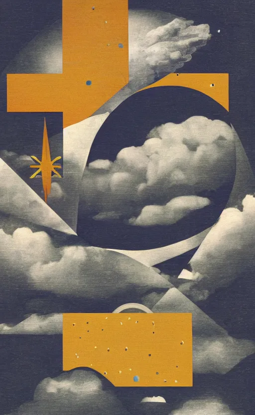 Prompt: a hole torn in the sky like a piece of paper, sunburst and lunar ring, sense of longing, rule of thirds, clever design, decorative modern graphic design collage border, by hannah hoch and jesse treece and christian jackson and josh brill