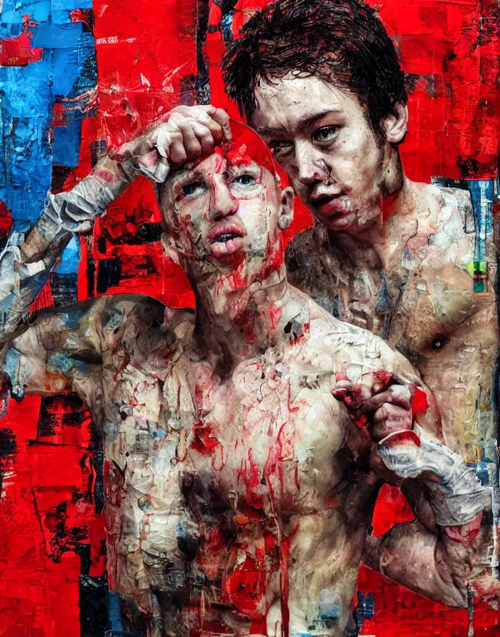 Prompt: young fight club fighter in action detailed analogue mixed media collage with canvas texture in style of contemporary art, punk art, hyperrealistic beautiful face, photorealism, expressionism, masterpiece, perfect composition, spectacular quality, intricate oil details, red background