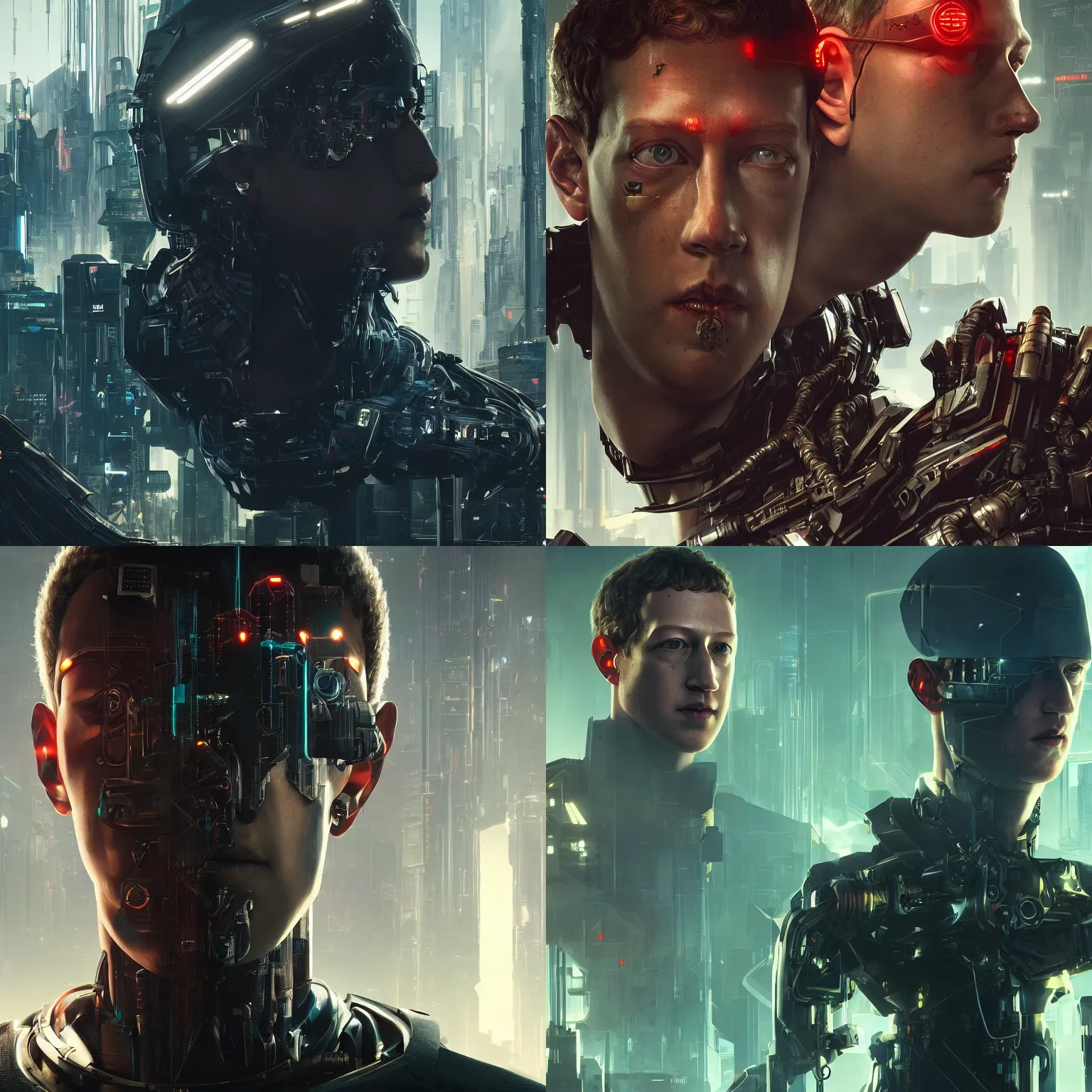 Prompt: imposing, ominous frontal portrait of cyborg Mark Zuckerberg as a cyberpunk 2077 loading screen, symmetry, front view, intricate, studio, art by anthony macbain + greg rutkowski + alphonse mucha, concept art, 4k, sharp focus