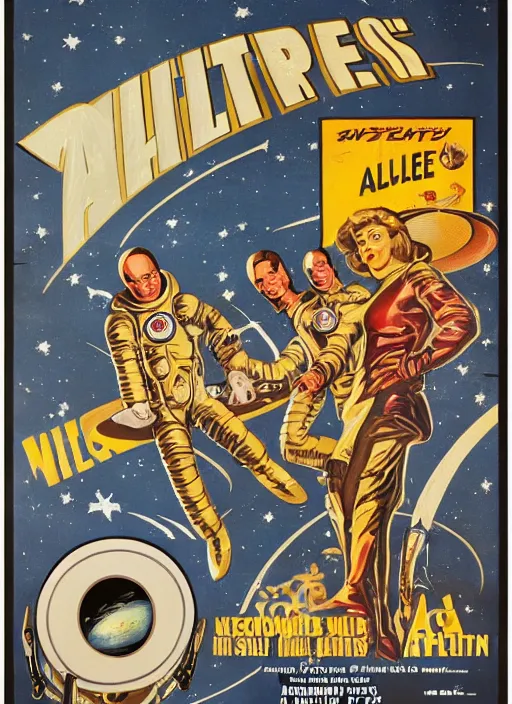 Image similar to vintage movie poster with aliens, astronauts, flying saucers and planets, occult alien symbols
