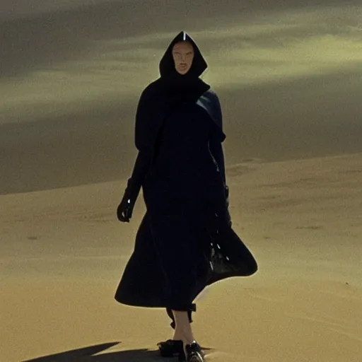 Prompt: fashion editorial photography of a Balenciaga model in Denis Villenue's DUNE, cinematography by roger deakins