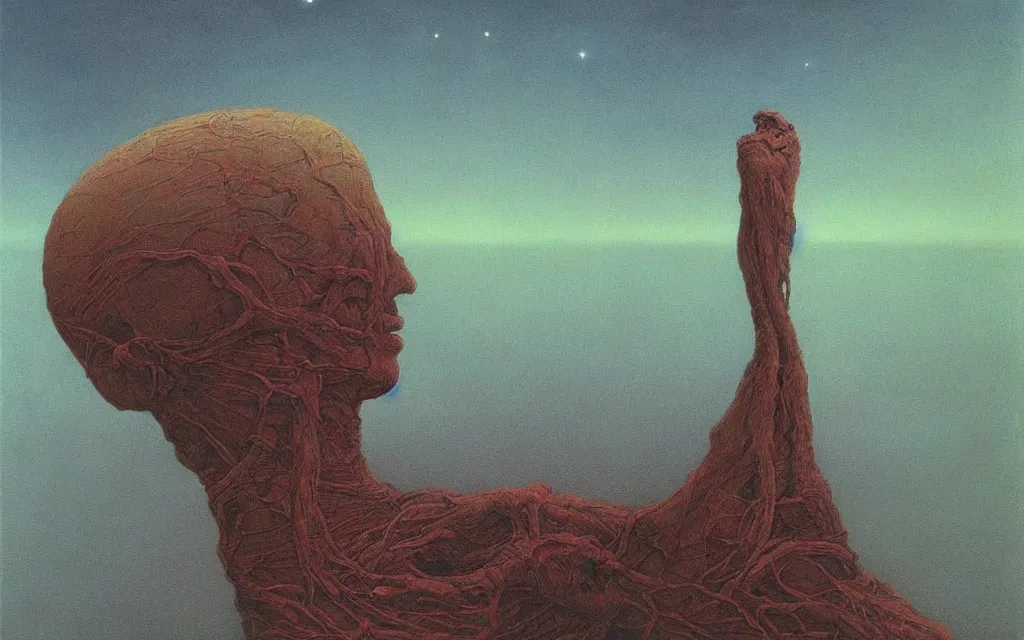 Prompt: mummified outer god along the shore of a wine dark lunar ocean alien stars in the sky, award winning oil painting by zdzisław beksiński, midnight color palette