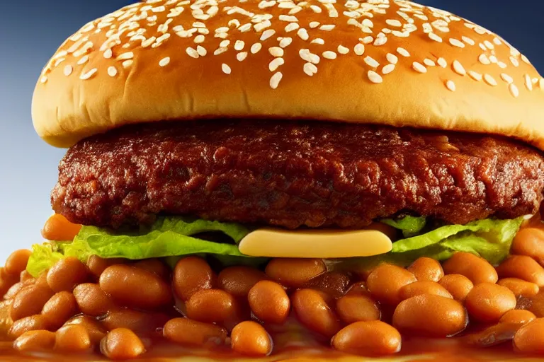 Image similar to mcdonalds baked beans burger, commercial photograph