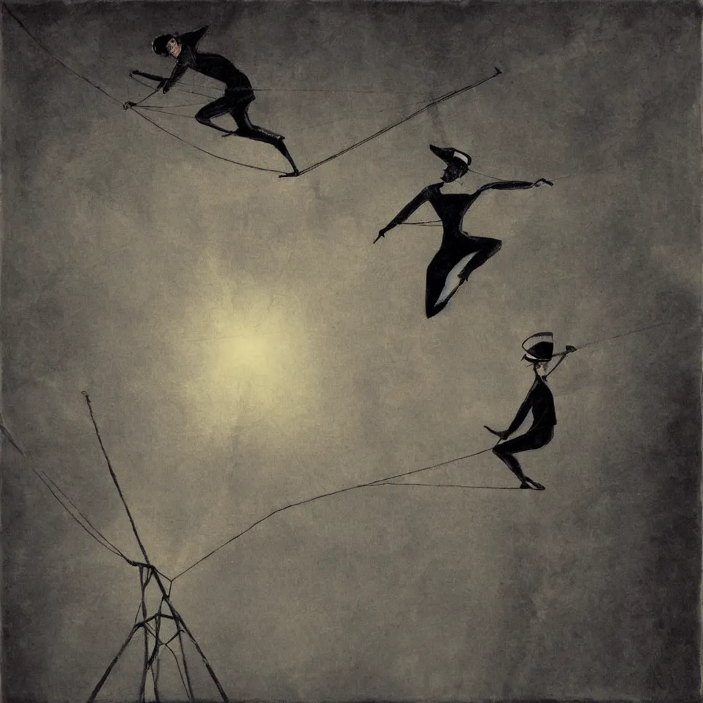 Prompt: a tightrope walker falling down. artwork, surrealist, metaphysical, metaphorical, ephemeral, atmospheric, symbolic art.