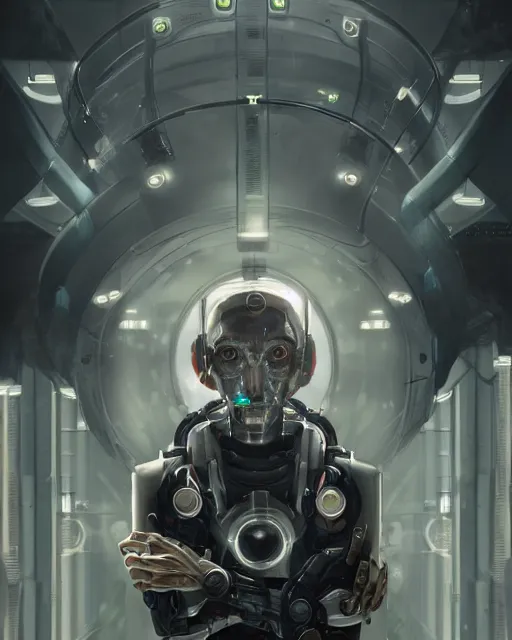 Image similar to a laboratory operator man with cybernetic enhancements seen from a distance, halfbody portrait, scifi character portrait by greg rutkowski, peter mohrbacher, daytoner, cinematic lighting, dystopian scifi gear, profile picture, mechanical, cyborg, half robot