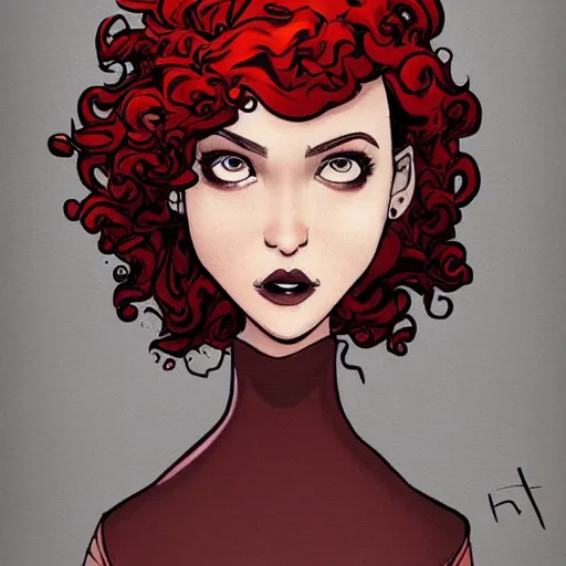 Prompt: a beautiful full body portrait of a woman with curly red hair in the style of comic book art, trending on artstation