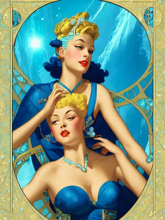 Prompt: princess kida the high queen of ancient atlantis, a beautiful art nouveau portrait by gil elvgren, beautiful underwater city environment, centered composition, defined features, golden ratio, silver jewelry, stars in her gazing eyes