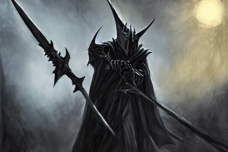 Image similar to concept art mood painting environment painting witch king of angmar wielding black sword lord of the rings. style of, ryan church, jon mccoy, george hull, painting