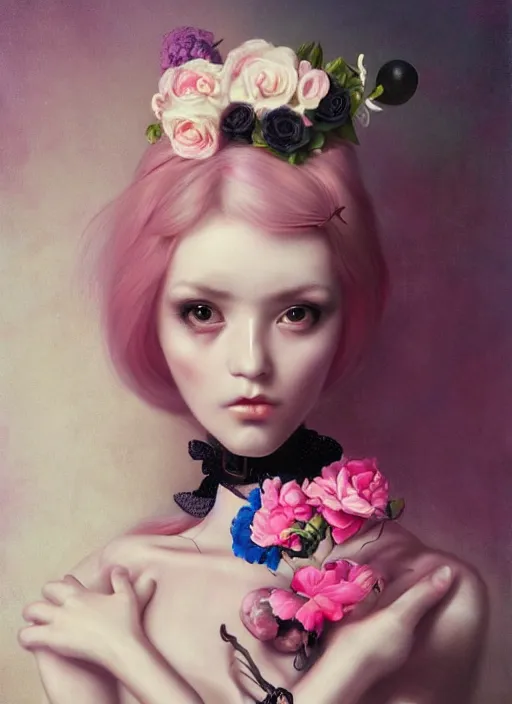 Image similar to pop surrealism, lowbrow art, realistic seductive cute woman looking painting, pink body harness, japanese shibari with blue flowers, hyper realism, muted colours, rococo, natalie shau, loreta lux, tom bagshaw, mark ryden, trevor brown style,