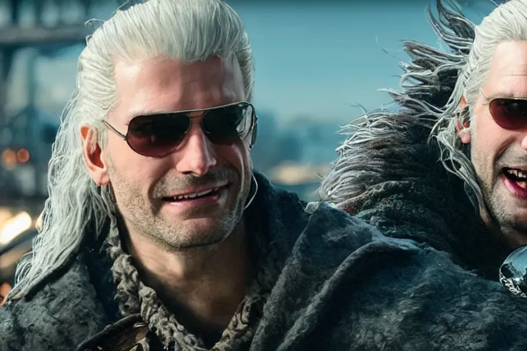 Image similar to vfx movie closeup suave handsome grinning vampire with long white hair, trench coat, dual wielding large revolvers, leaping into the air, low gravity in a shattered reality of new york city, cool aviators witcher show and game of thrones in new york by emmanuel lubezki