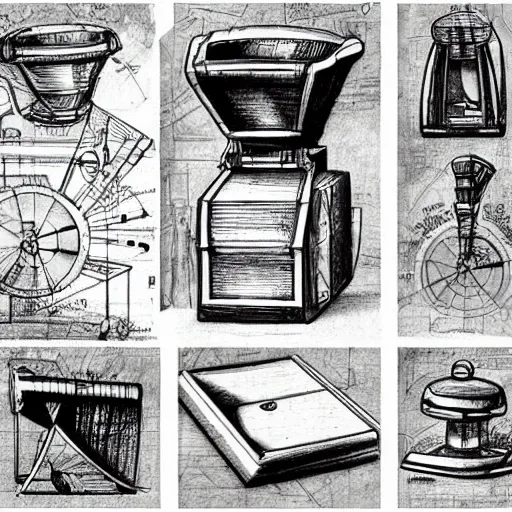 Prompt: various sketches of a futuristic coffee grinder in the style of leonardo da vinci, ultra detailed, scribbles, technical drawing, engineering blueprints