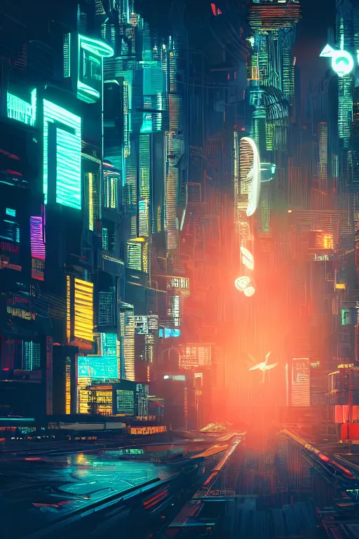 Image similar to cyberpunk city with a flight vehicle glowing in the sky, neon sign, cinematic composition, wide shot, bladerunner, digital illustration, concept art