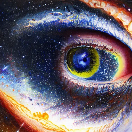 Image similar to a highly detailed photorealistic painting of the milky way galaxy reflecting off a human eye