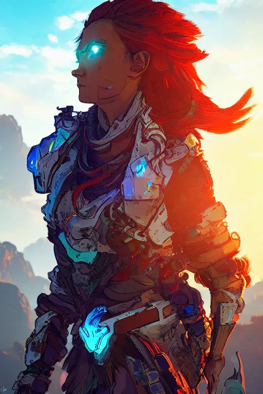 Image similar to combination suit armor aloy horizon forbidden west horizon zero dawn radiating a glowing aura global illumination ray tracing hdr fanart arstation by ian pesty and alena aenami artworks in 4 k tribal robot ninja mask helmet backpack