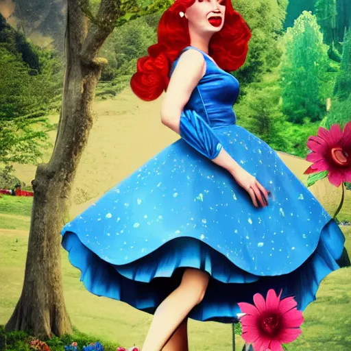 Image similar to giant alice in wonderland, pin up, houses, trees, mountains, woman, city, digital art, photo, blue dress, photoshop, flowers, collage, river, below