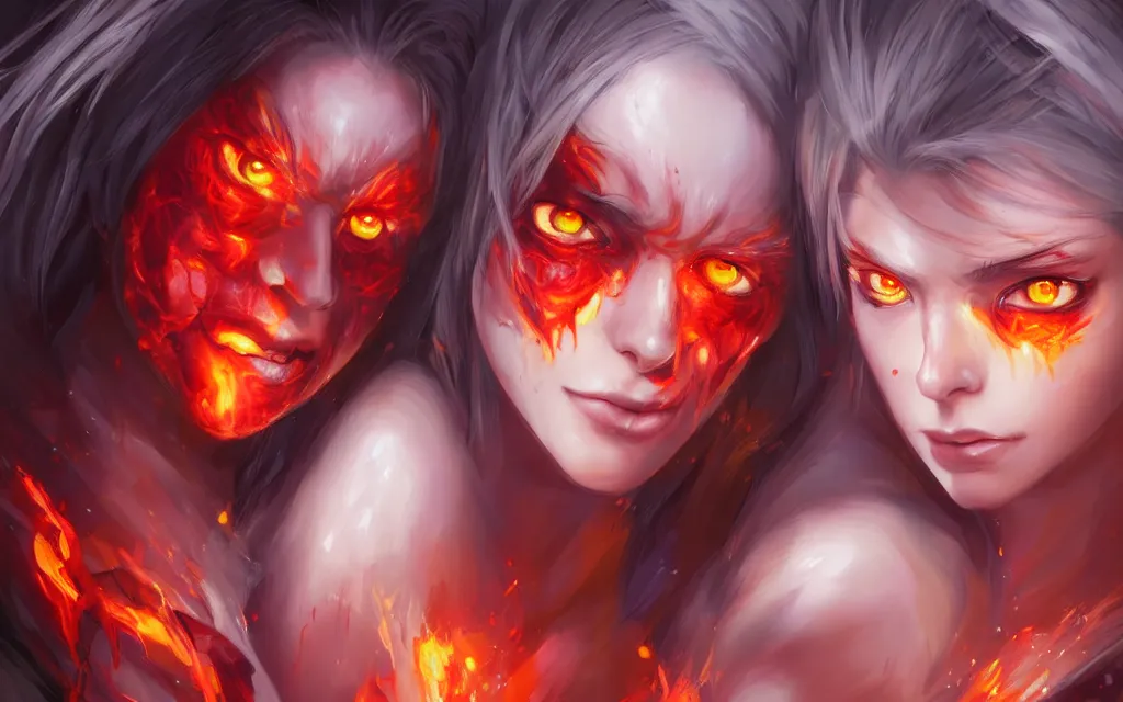 Image similar to A realistic anime portrait of a beautiful fire spirit twins with glowing red eyes and firey skin wearing clothes made of flames, digital painting, by Stanley Artgerm Lau, Sakimichan, WLOP and Rossdraws, digtial painting, trending on ArtStation, SFW version