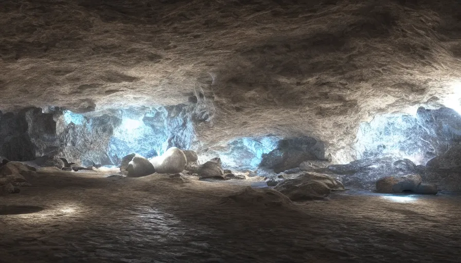 Image similar to chromatic reflections inside a cave made out of shiny mirrors, unknown light source, octane render, ray - tracing, 4 k, desktop wallpaper