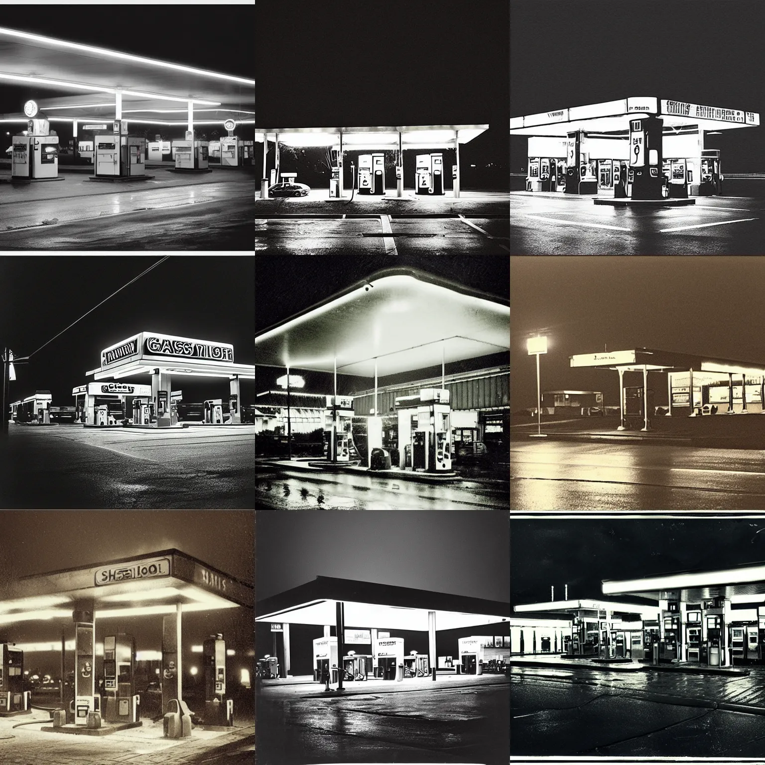 Prompt: “ gas station, night, lightning, rain, 1 9 0 0 ’ s photo ”