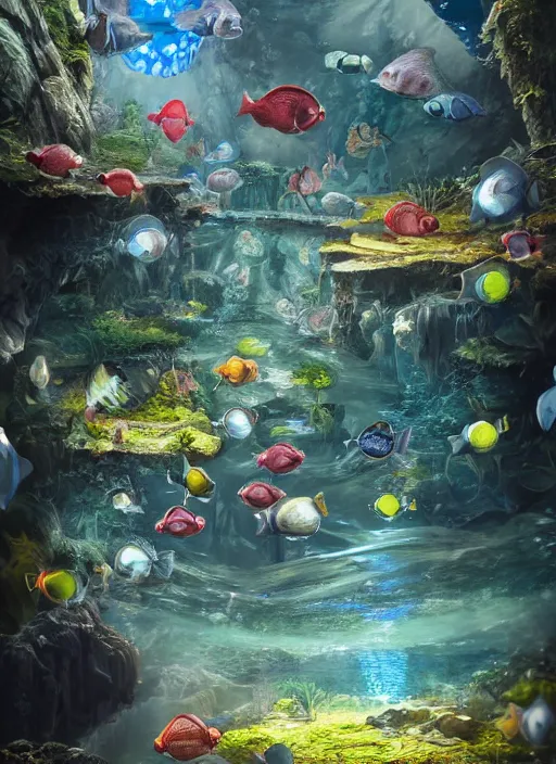 Image similar to people observing lots of beautiful fish in an underground aquarium corridor, in the style of turine tran, fantasy art, ray tracing, water droplets, highly detailed, artstation trend, highly detailed and intricate, sharp focus, photography, unreal engine 5