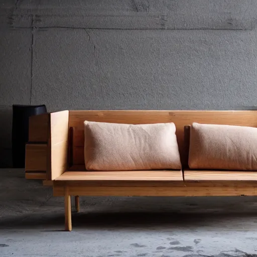Prompt: wooden sofa monster, square cushions, studio lighting, scandinavian design, minimalist