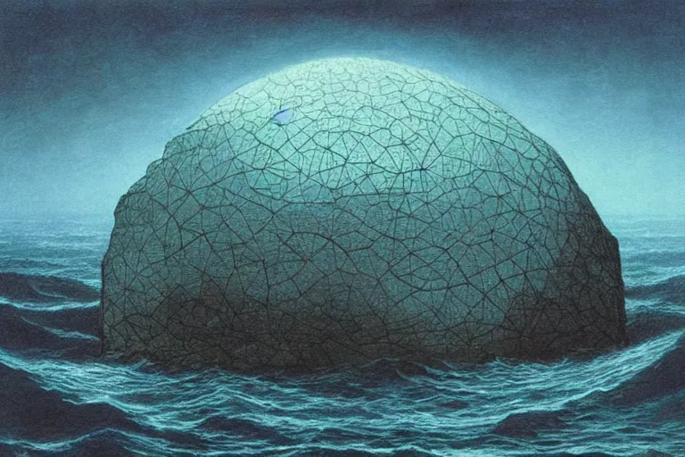 Image similar to intricate, 3 d, reflective dome just under the surface of the ocean, style by caspar david friedrich and wayne barlowe and ted nasmith.