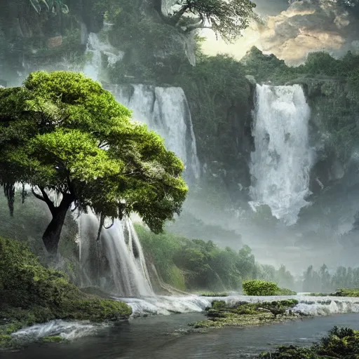 Prompt: Beautiful landscape of an abandoned city with a giant tree inside and a river near the waterfall, digital art, cgsociety, cinematography by John Boorman