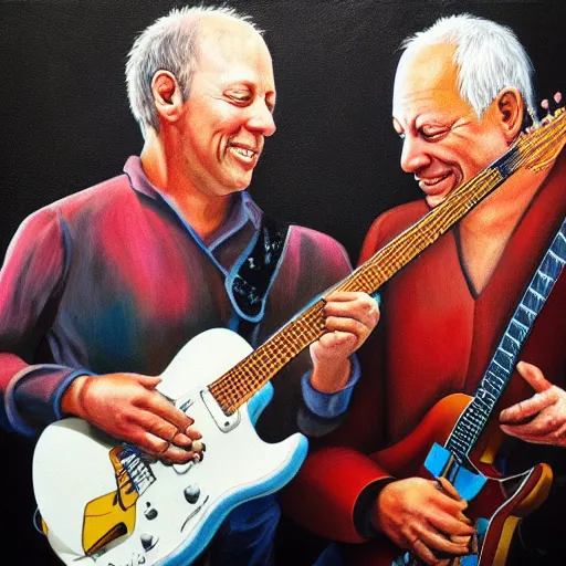 Image similar to portrait of mark knopfler with david gilmour, joyful, highly detailed painting by stephen bliss, boxart, 8 k