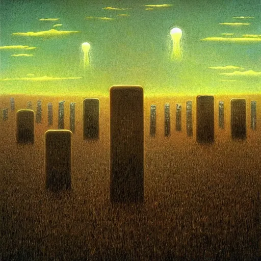 Image similar to “ ufo abduction over a field of tombstones, beksinski ”