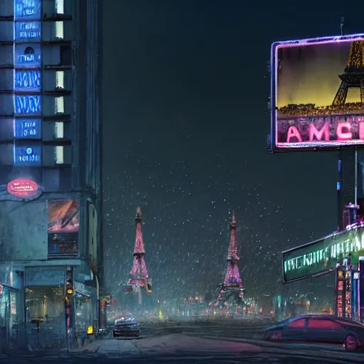 Image similar to A beautiful intricate 8K award-winning ground-level cinematic movie photograph of the future destroyed and decaying Eiffel Tower made of neon, surrounded by broken corporate video billboard displays. in the year 2050, by Bruno Delbonnel and greg rutkowski. Arri Alexa 65, IMAX 70mm footage. Dirty billboards. Cinematic lighting