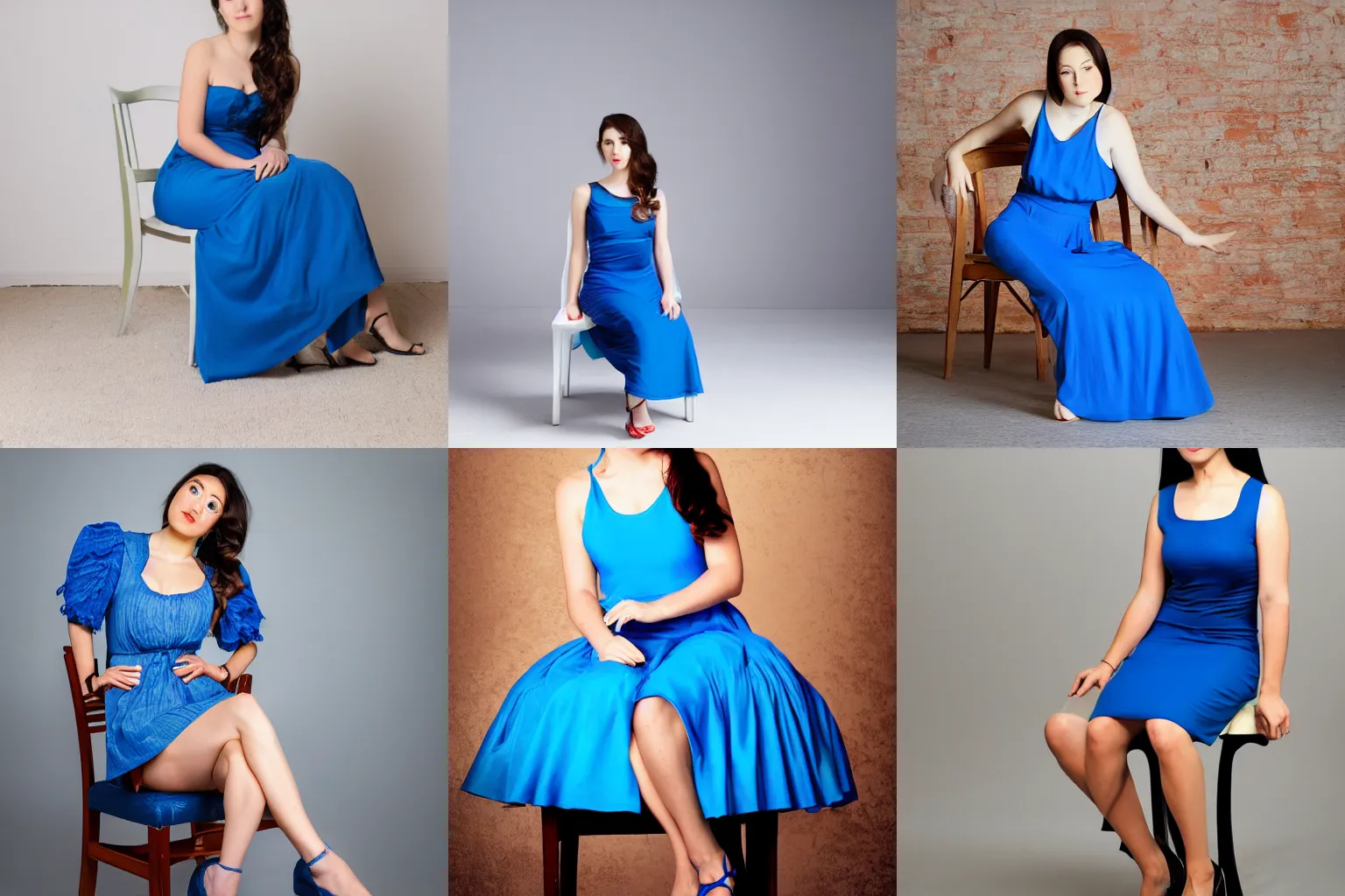 Prompt: Gal Godot 24yo blue dress sitting on a chair studio lighting