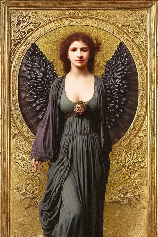 Image similar to hyperrealist highly detailed english medieval portrait of high fashion archangel wrapped in ferrofluid liquid, Art by William Adolphe Bouguereau,, Art by William Adolphe Bouguereau,, by Annie Swynnerton and Tino Rodriguez and Maxfield Parrish, elaborately costumed, rich color, dramatic cinematic lighting, extremely detailed, radiating atomic neon corals, concept art pascal blanche dramatic studio lighting 8k wide angle shallow depth of field, Art by William Adolphe Bouguereau, extreme detailed and hyperrealistic