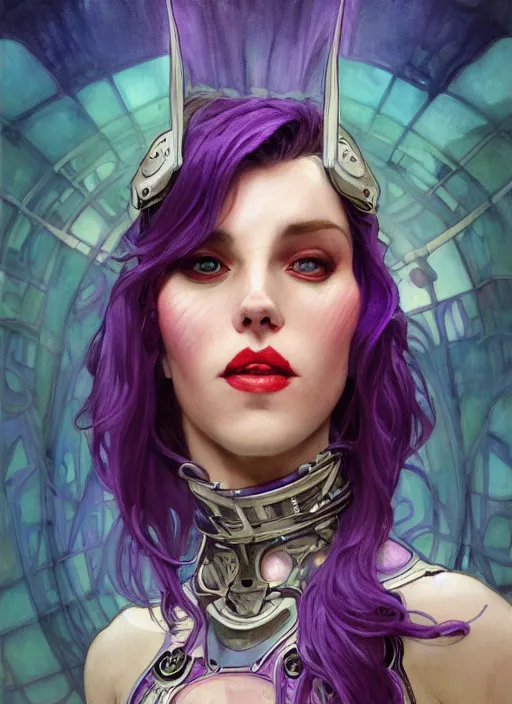 Image similar to close up portrait vampire with purple hair in sci - fi bionic armor, highly detailed, very intricate, art nouveau, red filigree, romantic storybook fantasy, soft cinematic lighting, award - winning, disney concept art watercolor illustration by mandy jurgens and alphonse mucha and alena aenami, pastel color palette, featured on artstation