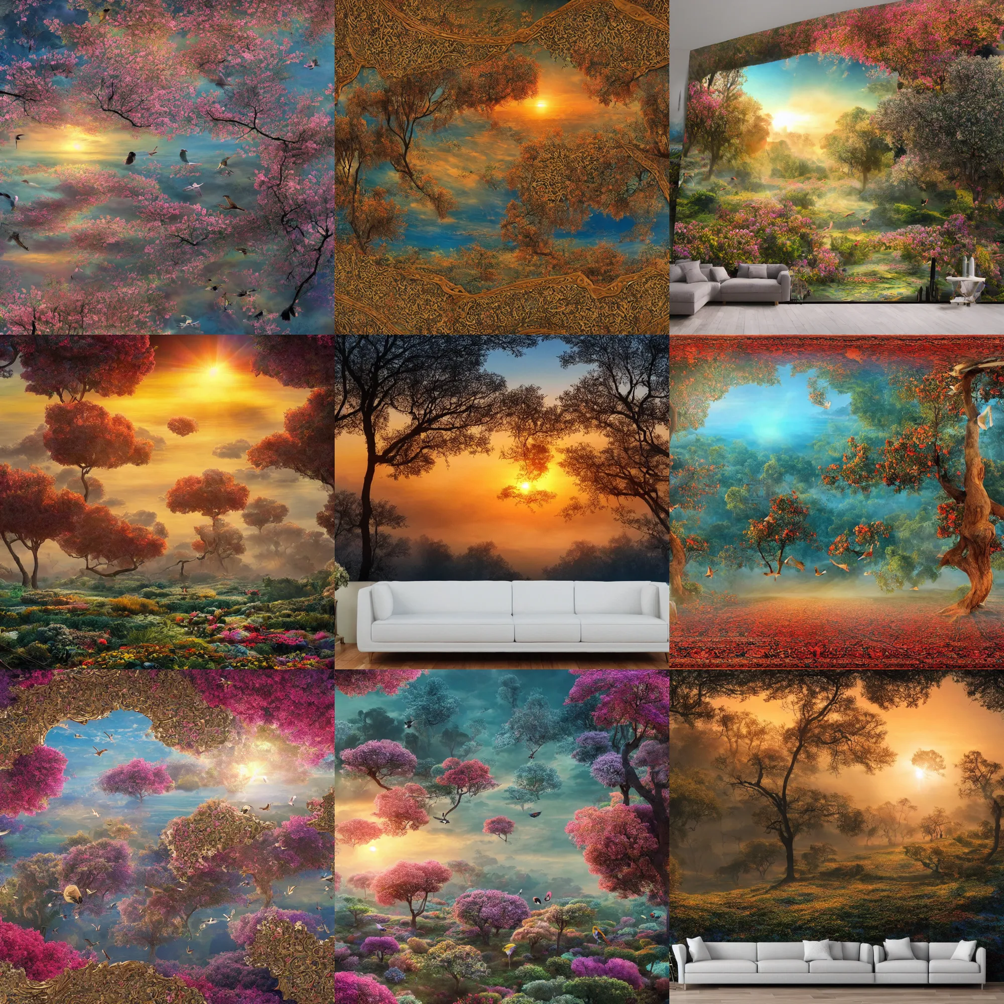 Prompt: photo of a sunrise in the delicate elegant Fluffy 3d Persian Carpet dimension, everything is carpet and 3d, birds and trees, surreal, Pixar movie panorama, immense detail, epic, striking