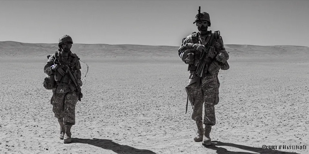 Image similar to a rooster soldier walking the sands of iraq with his platoon. cinematic photograph. 35mm.