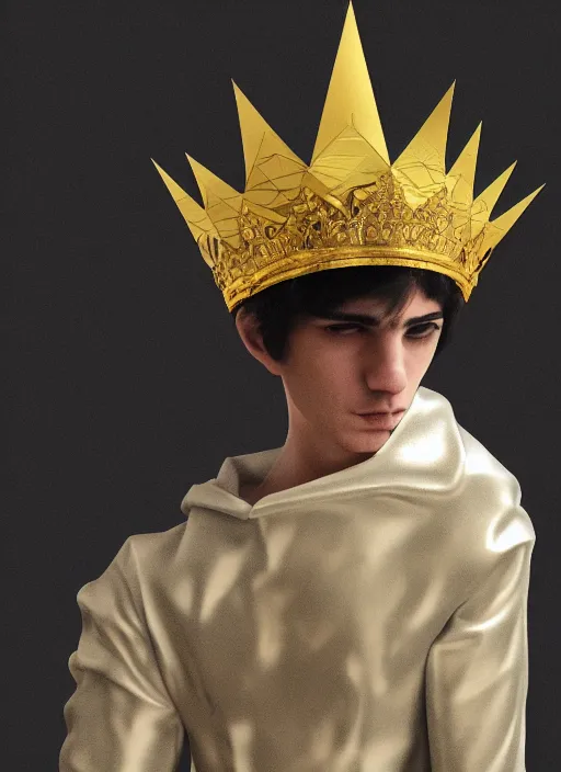 Image similar to young Camilo as a paper man wearing a golden crown and a black tissue paper prince tuxedo by Prada. ethereal, fantasy, Lawrence Alma-Tadema, James Jean, oozium, peter morbacher, angelarium, alchemy, luxury, heavenly light, Soft illumination, Trending on artstation, Cinematic Lighting, very detailed, 3D, octane render, artgerm