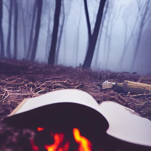 Image similar to studio photography of a book next to a campfire, nightime, spooky woods, fog, scary, horror, frightening