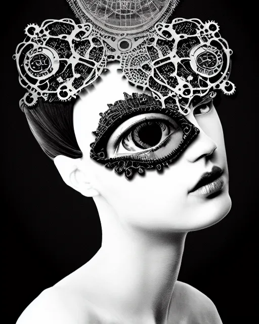 Image similar to black and white masterpiece profile portrait painting with no frame, dutch masters, one steampunk eye silver lace floral biomechanical beautiful young female cyborg, big monocular, volumetric light, hibiscus flowers, by dora maar, rim light, big gothic fashion pearl embroidered collar, 8 k