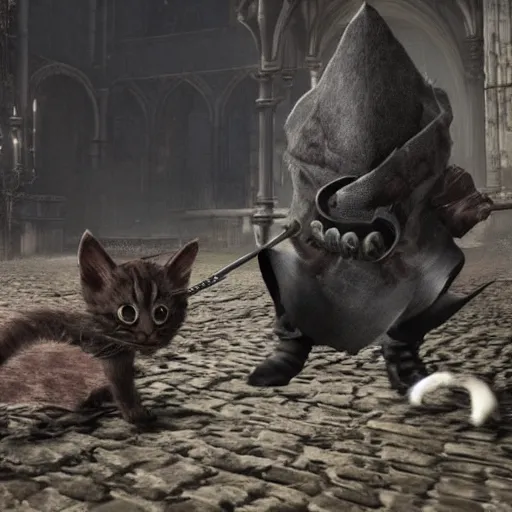 Prompt: An adorable kitten as a 'Bloodborne' hunter